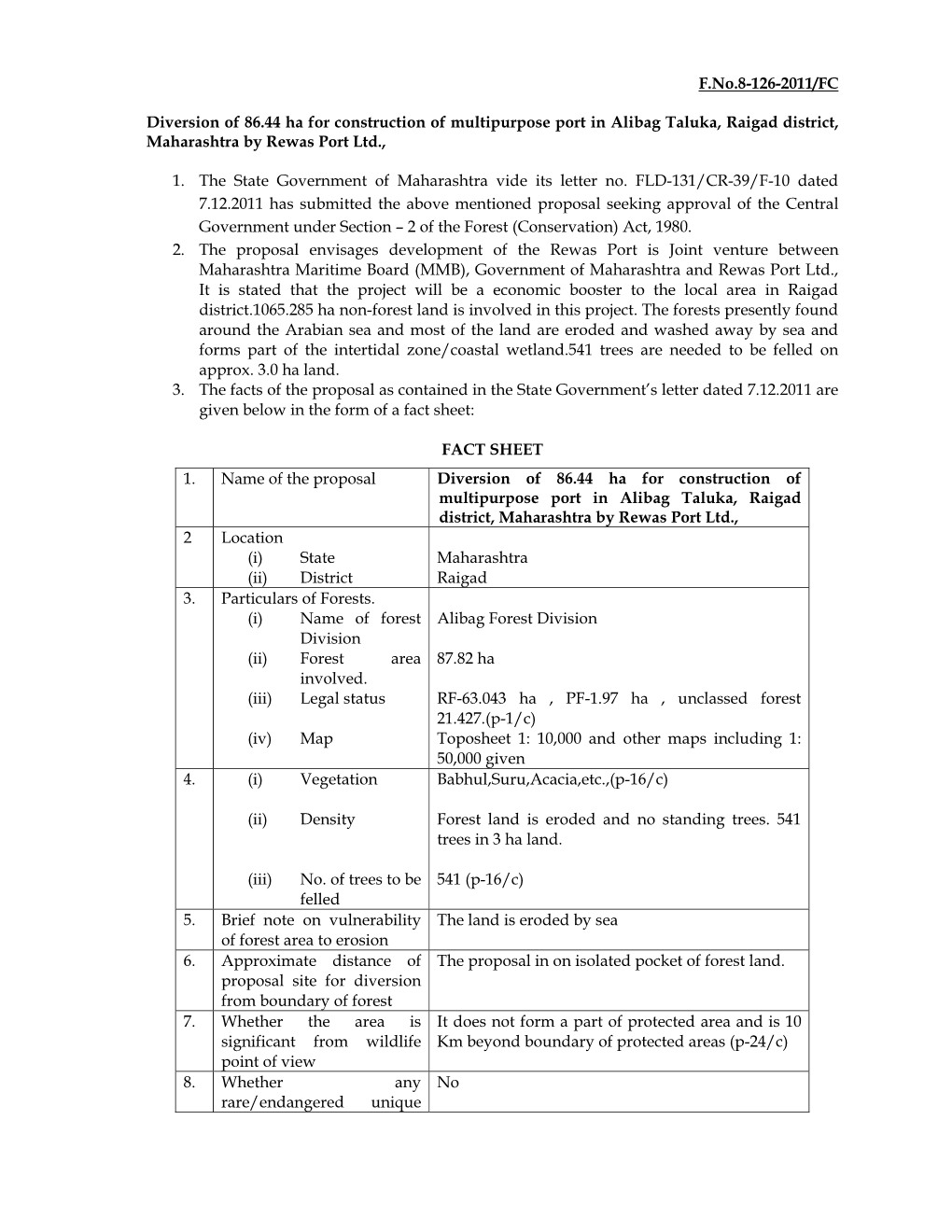 F.No.8-126-2011/FC Diversion of 86.44 Ha for Construction of Multipurpose Port in Alibag Taluka, Raigad District, Maharashtra By