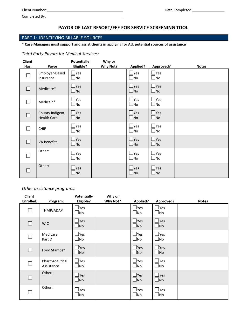 Payor of Last Resort/Fee for Service Screening Tool