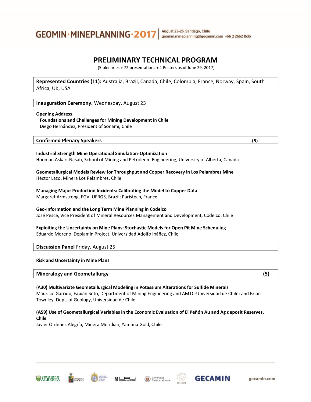 PRELIMINARY TECHNICAL PROGRAM (5 Plenaries + 72 Presentations + 4 Posters As of June 29, 2017)