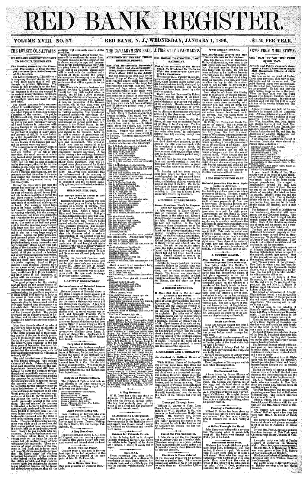 Volume Xviii. No. 27. Red Bank, N, J., Wednesday, January 1, 1896