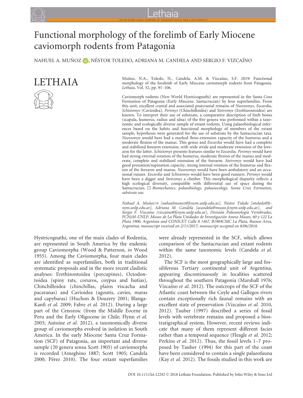 Functional Morphology of the Forelimb of Early Miocene Caviomorph Rodents from Patagonia