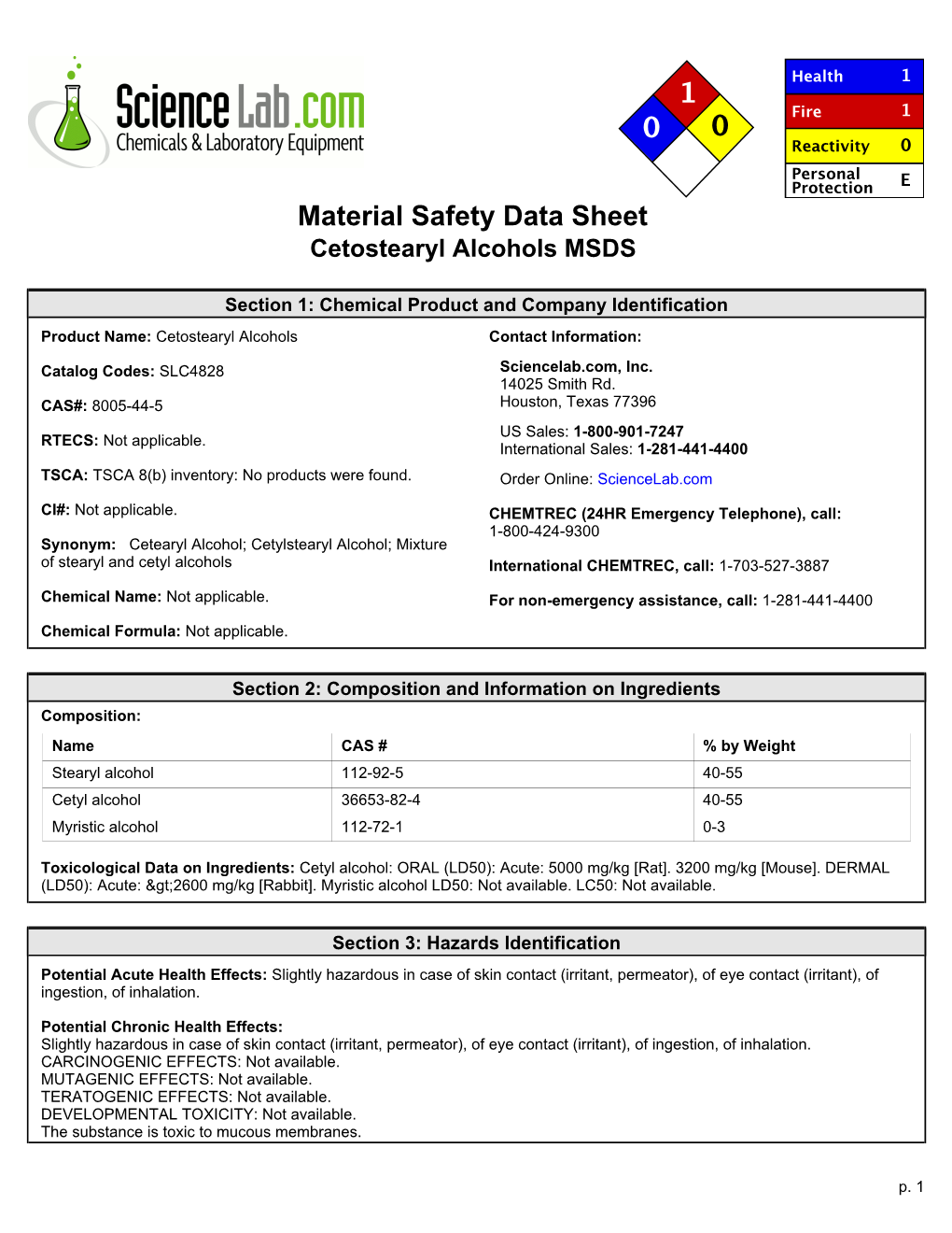 Material Safety Data Sheet Cetostearyl Alcohols MSDS