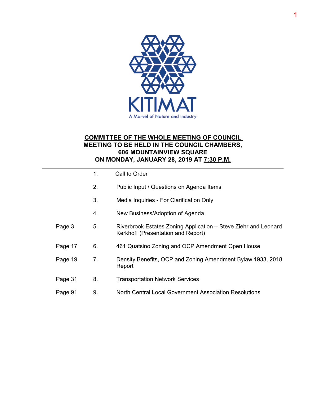 Committee of the Whole Meeting of Council Meeting to Be Held in the Council Chambers, 606 Mountainview Square on Monday, January 28, 2019 at 7:30 P.M