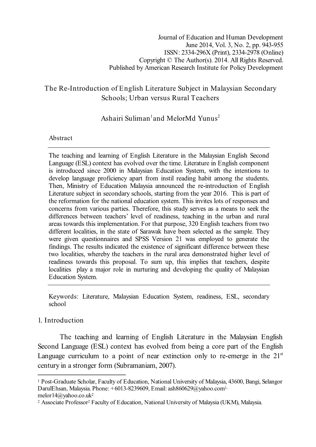 The Re-Introduction of English Literature Subject in Malaysian Secondary Schools; Urban Versus Rural Teachers