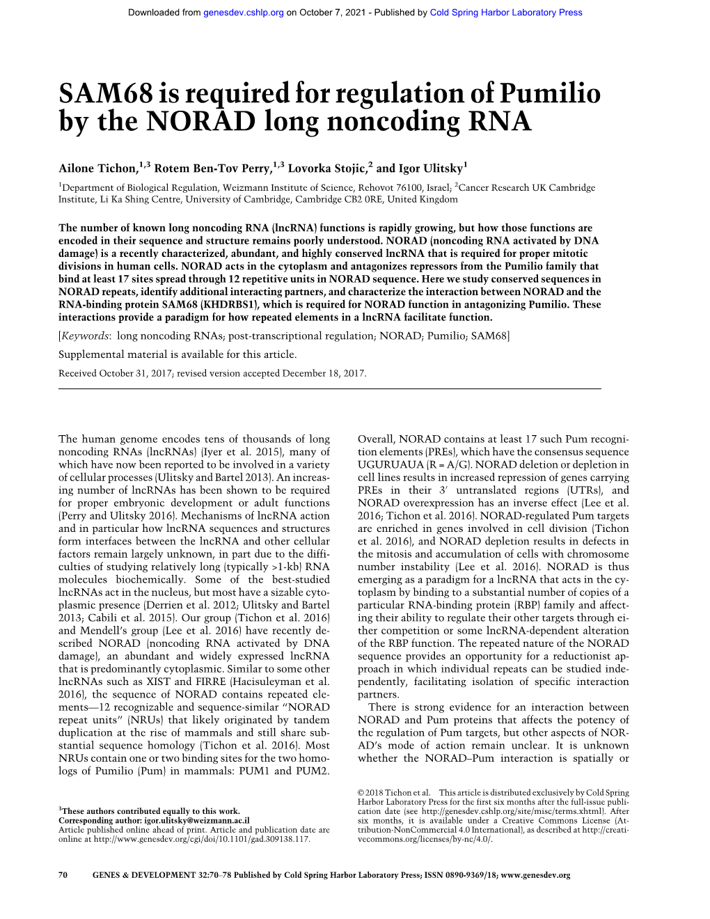 SAM68 Is Required for Regulation of Pumilio by the NORAD Long Noncoding RNA