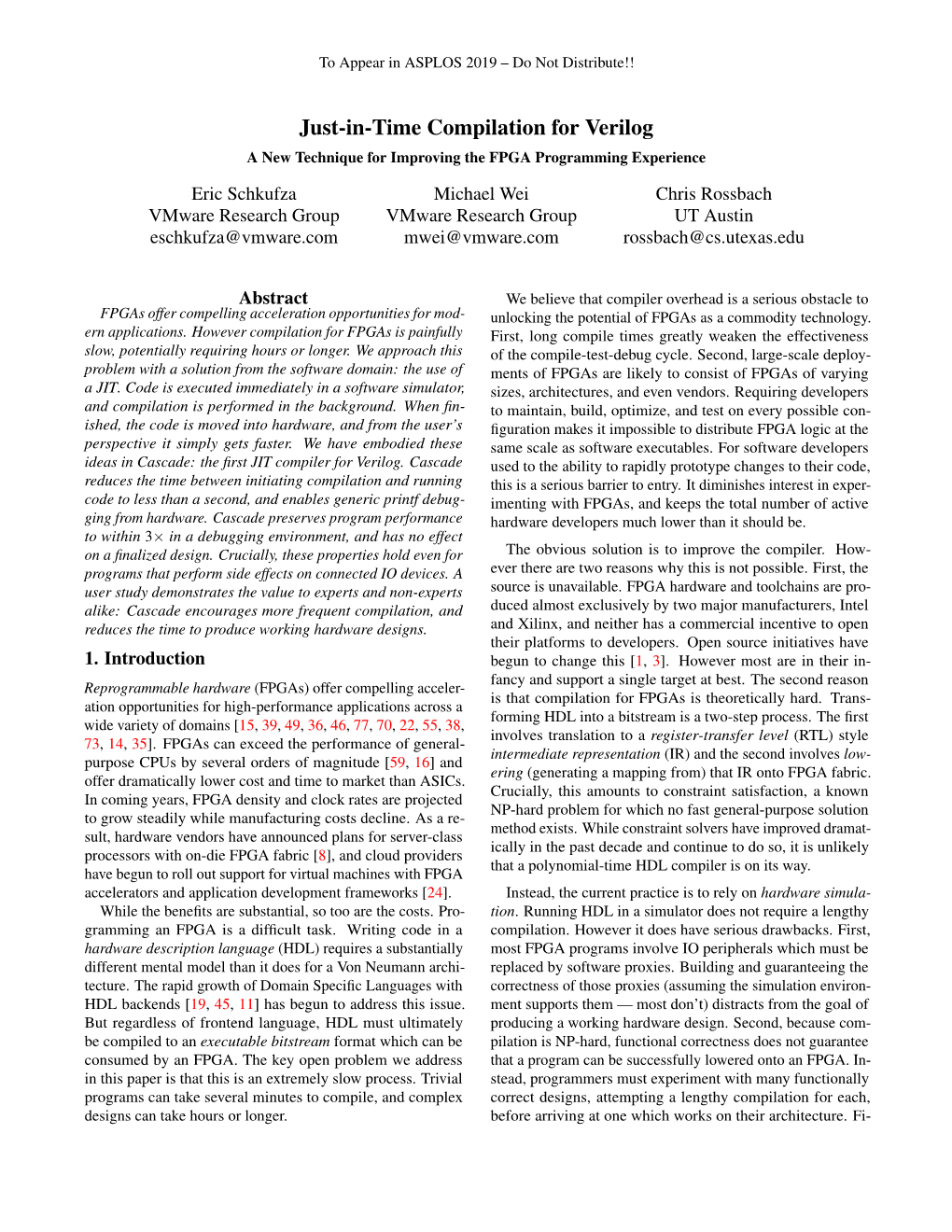 Just-In-Time Compilation for Verilog a New Technique for Improving the FPGA Programming Experience