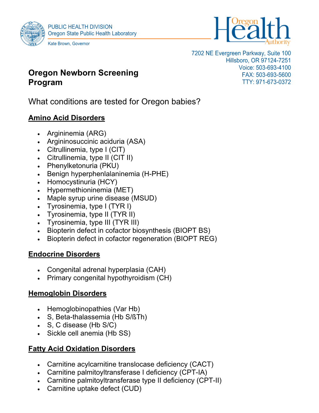 List of Newborn Screening Conditions