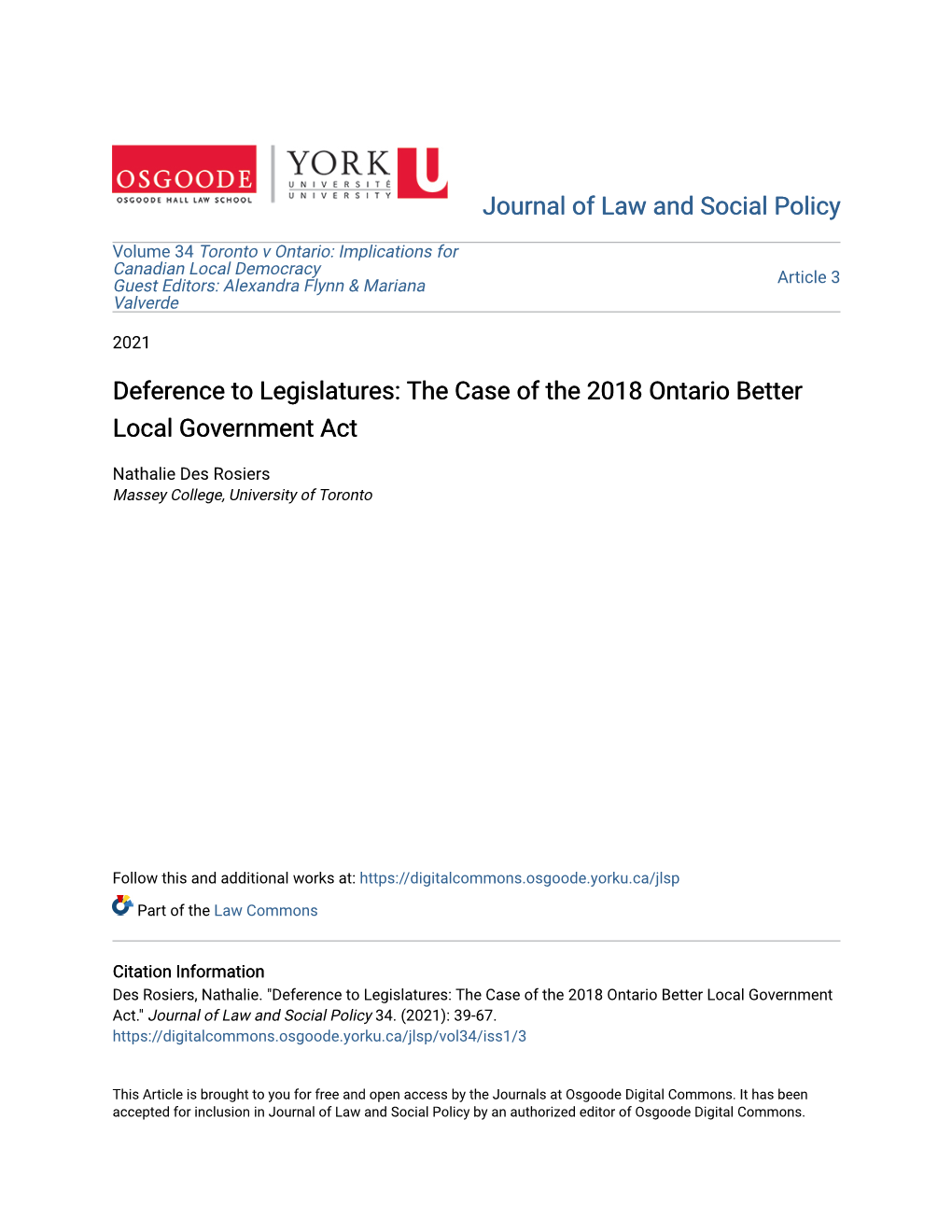 Deference to Legislatures: the Case of the 2018 Ontario Better Local Government Act