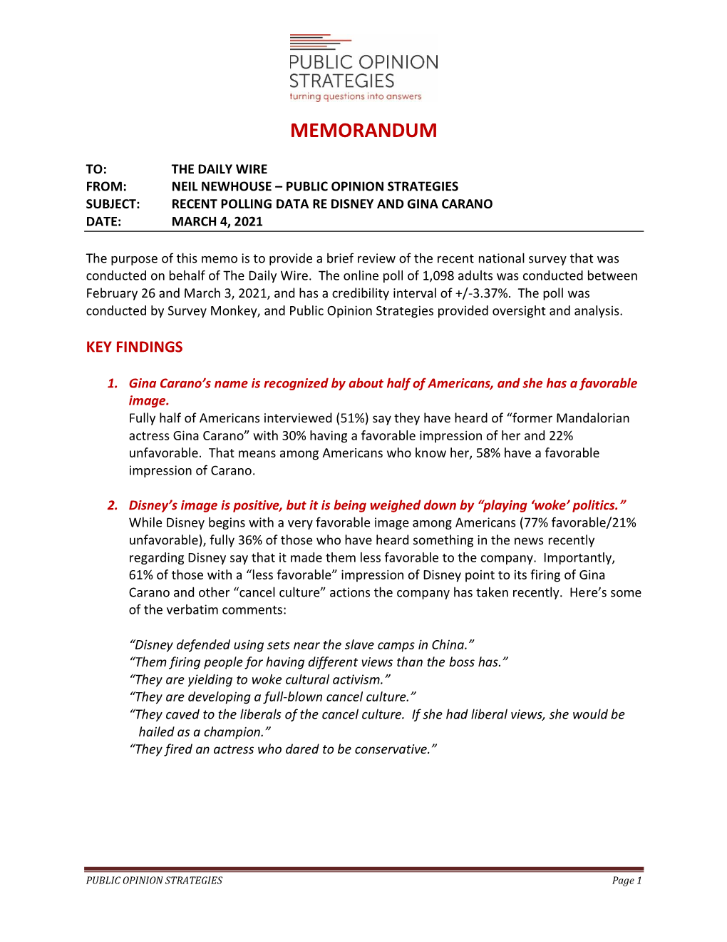 Polling Data Re Disney and Gina Carano Date: March 4, 2021