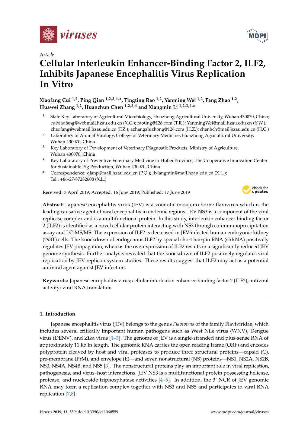 Cellular Interleukin Enhancer-Binding Factor 2, ILF2, Inhibits Japanese Encephalitis Virus Replication in Vitro