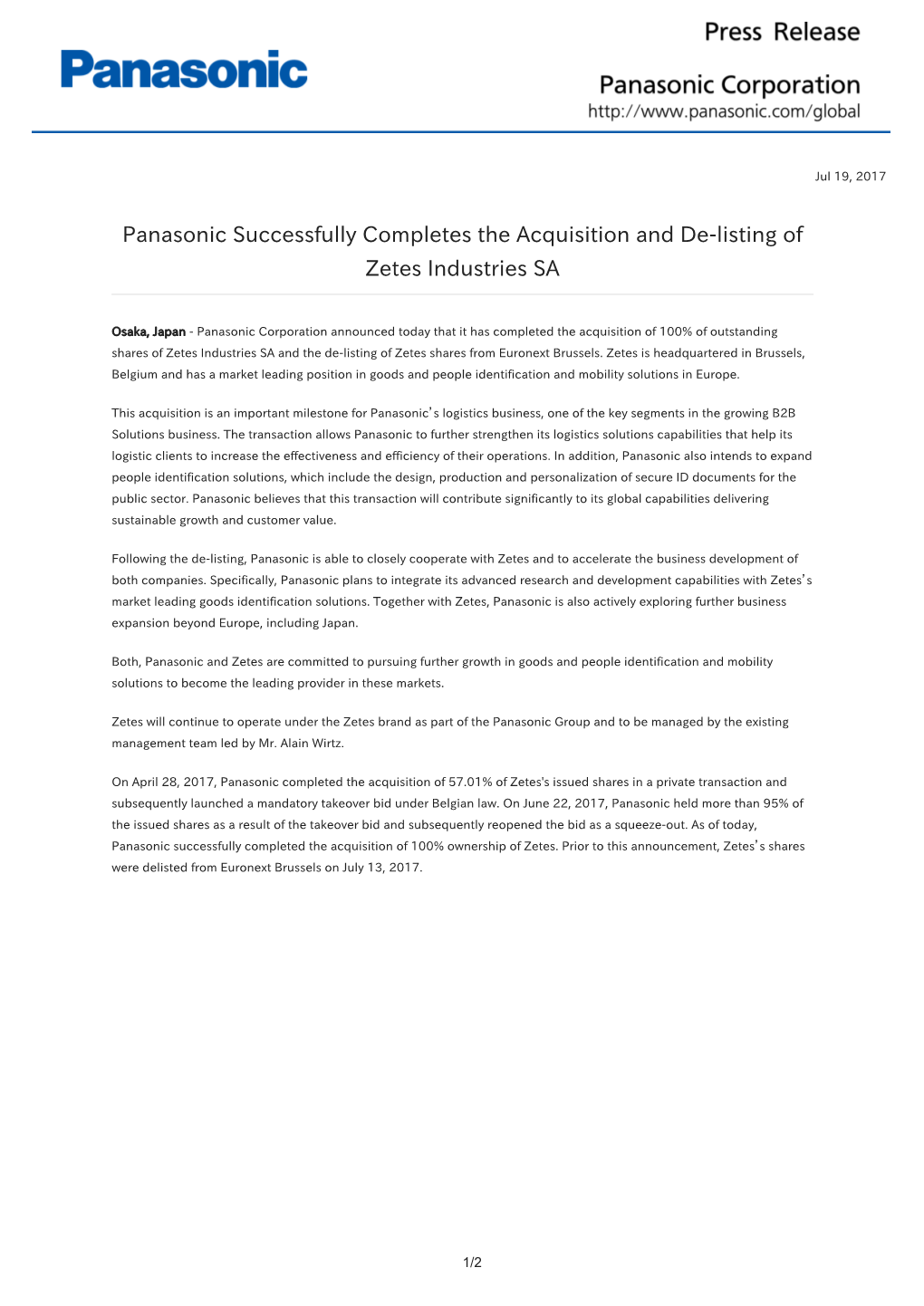 Panasonic Successfully Completes the Acquisition and De-Listing of Zetes Industries SA