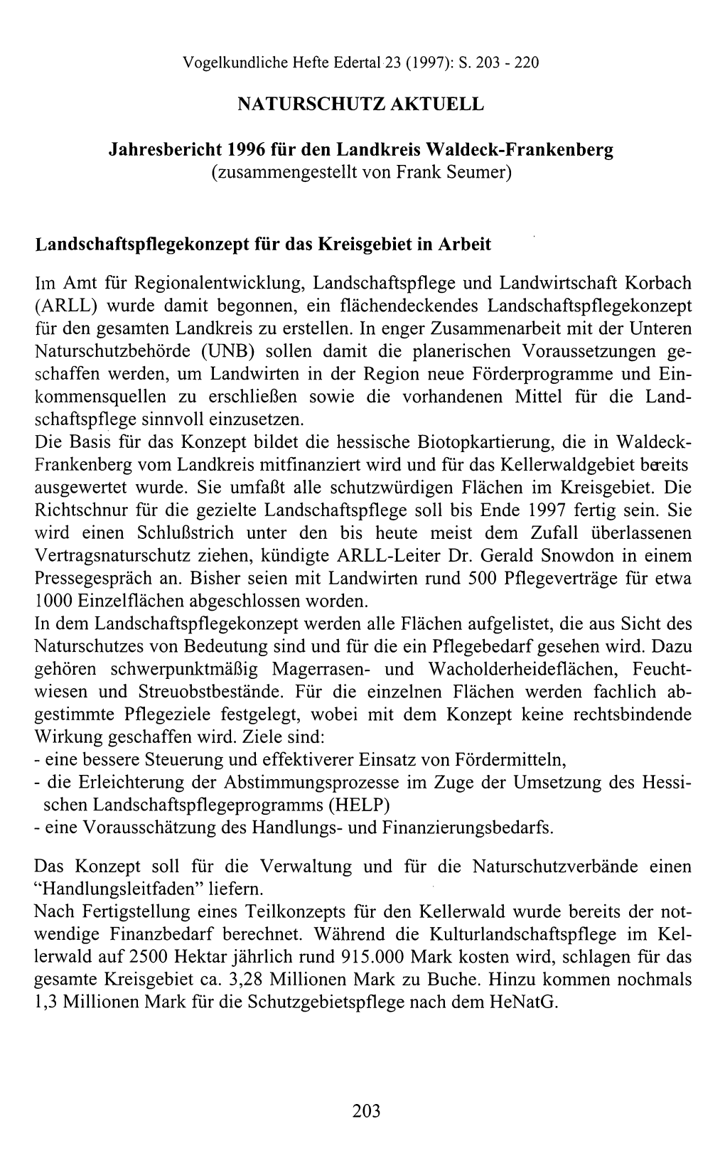 NATURSCHUTZ AKTUELL Jahresbericht 1996 Für Den Landkreis Waldeck-Frankenberg