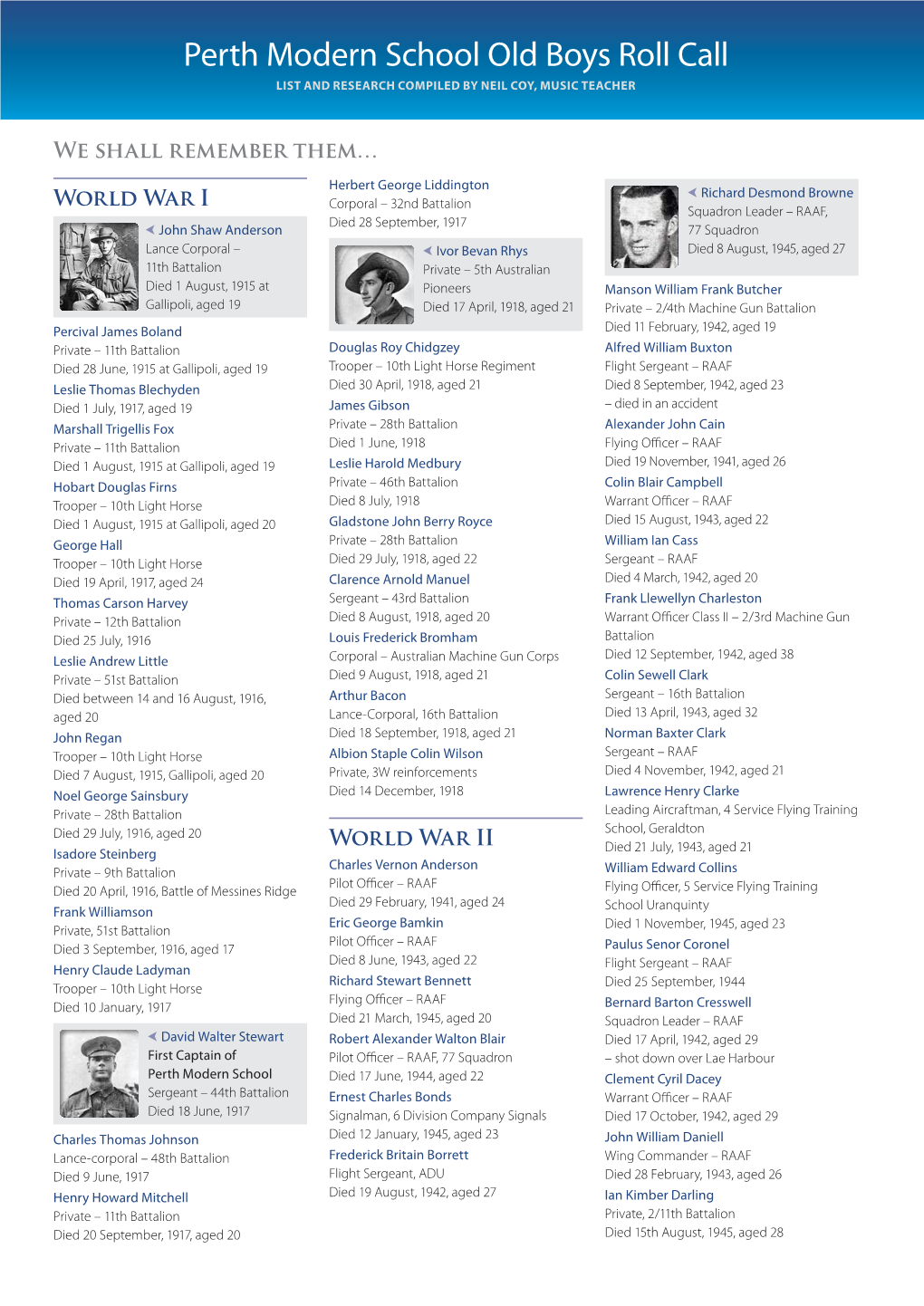 Perth Modern School Old Boys Roll Call LIST and RESEARCH COMPILED by NEIL COY, MUSIC TEACHER