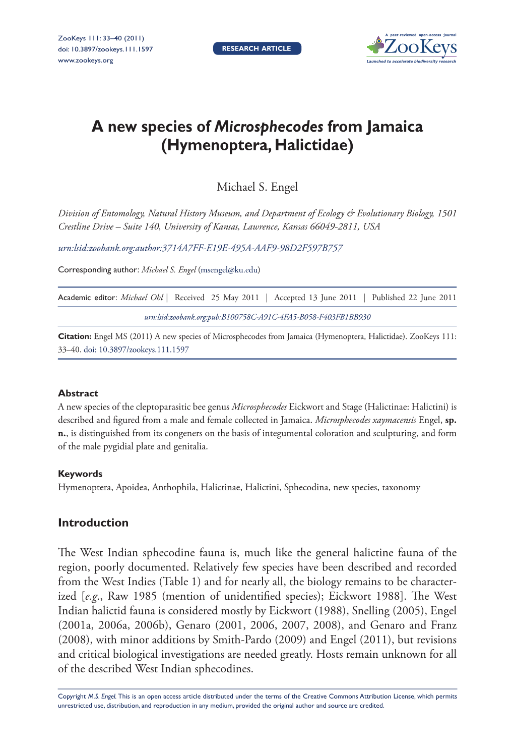 Hymenoptera, Halictidae) 33 Doi: 10.3897/Zookeys.111.1597 Research Article Launched to Accelerate Biodiversity Research