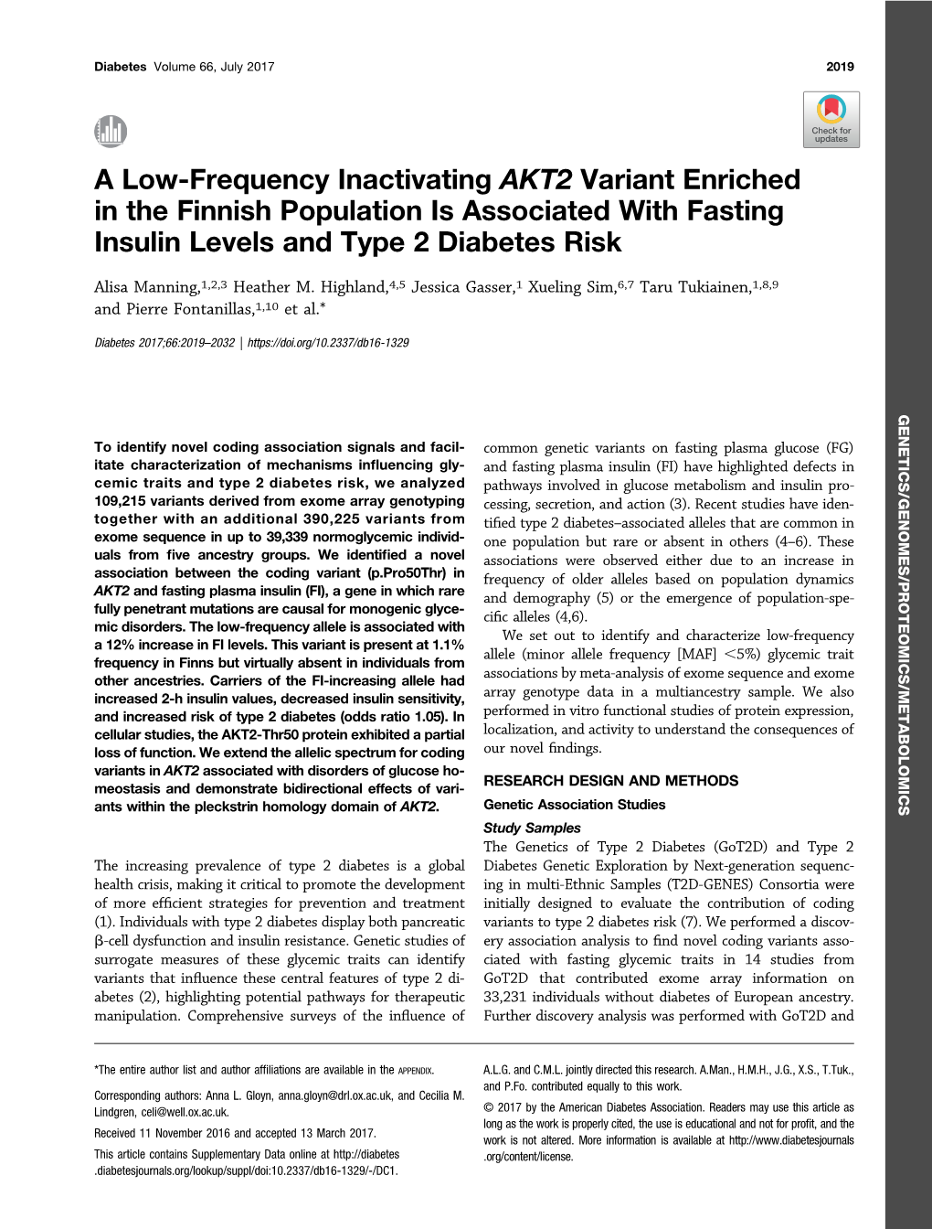 A Low-Frequency Inactivating AKT2 Variant Enriched in the Finnish Population Is Associated with Fasting Insulin Levels and Type 2 Diabetes Risk