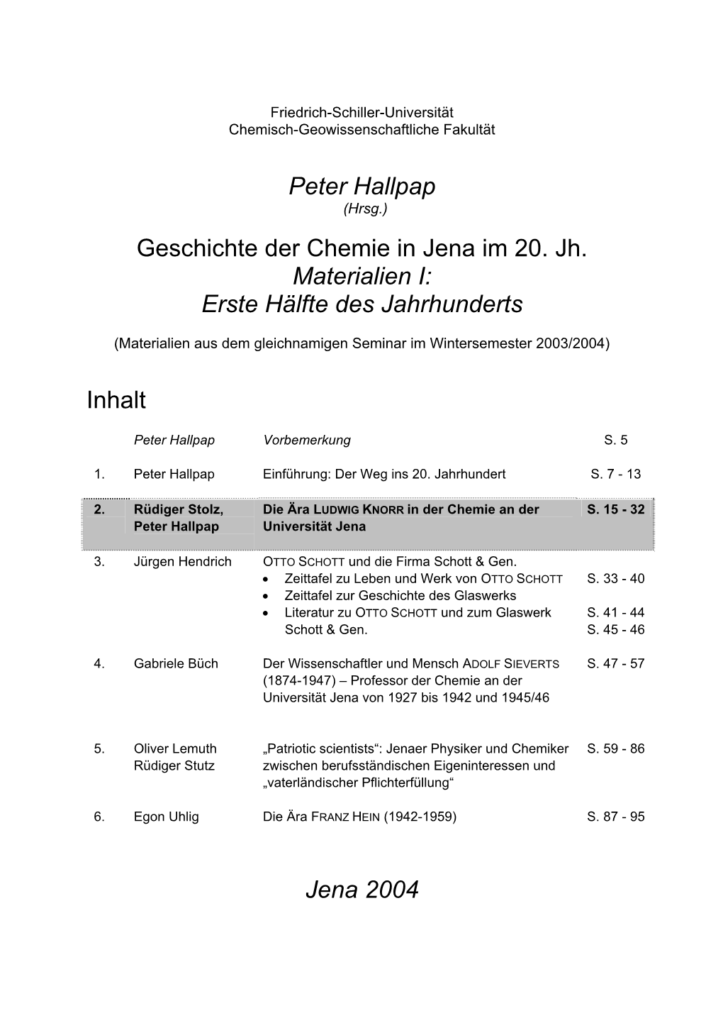 Peter Hallpap Geschichte Der Chemie in Jena Im 20. Jh. Materialien I