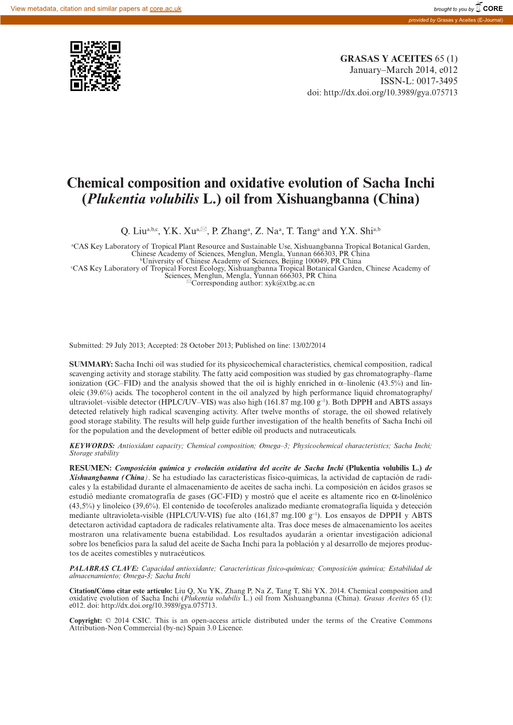 Chemical Composition and Oxidative Evolution of Sacha Inchi (Plukentia Volubilis L.) Oil from Xishuangbanna (China)