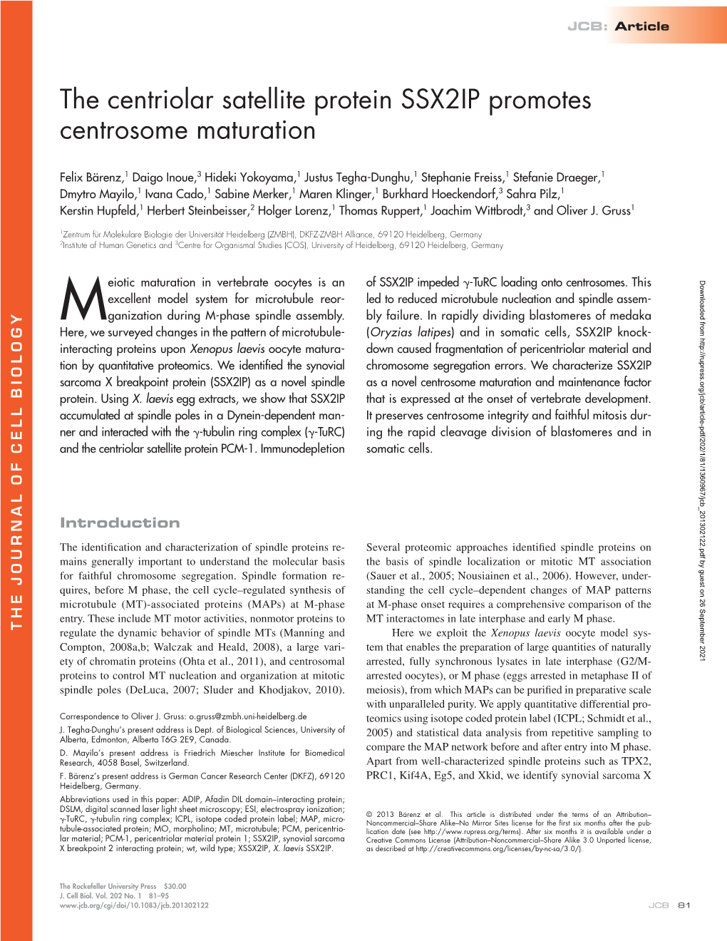 The Centriolar Satellite Protein SSX2IP Promotes Centrosome Maturation