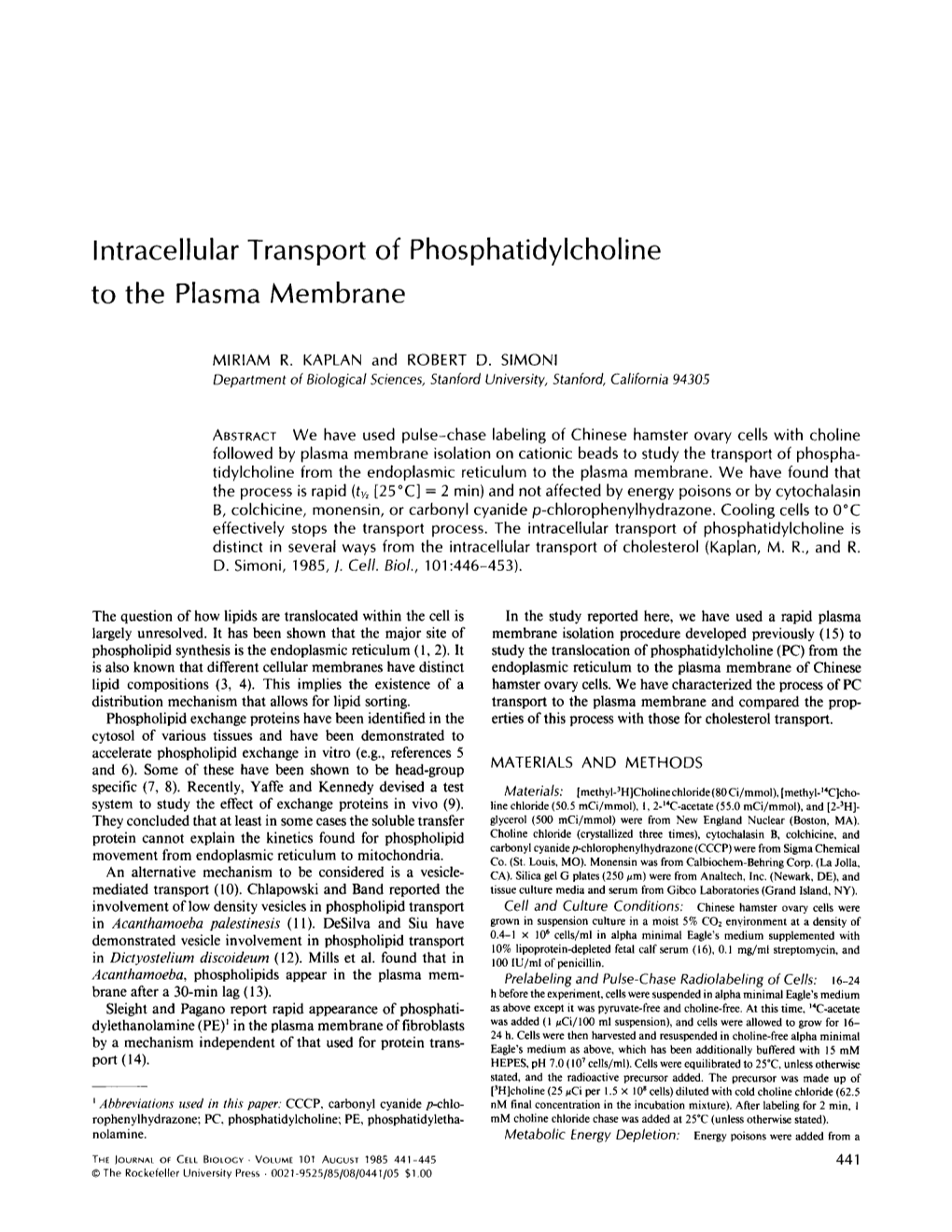 Intracellular Transport of Phosphatidylcholine to the Plasma Membrane