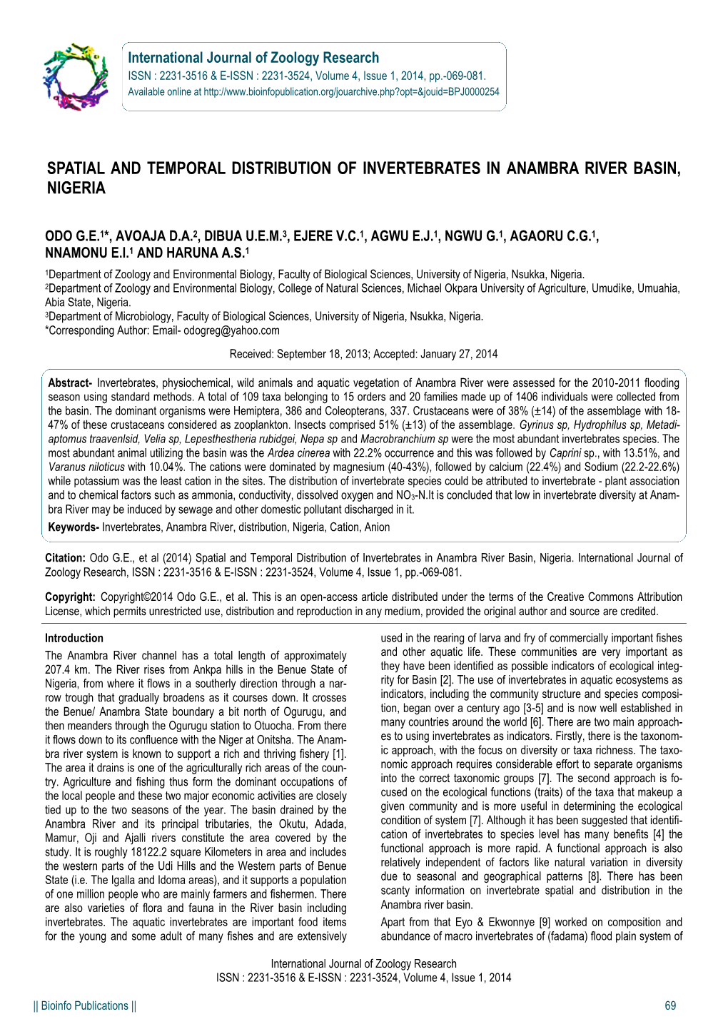 Spatial and Temporal Distribution of Invertebrates in Anambra River Basin, Nigeria