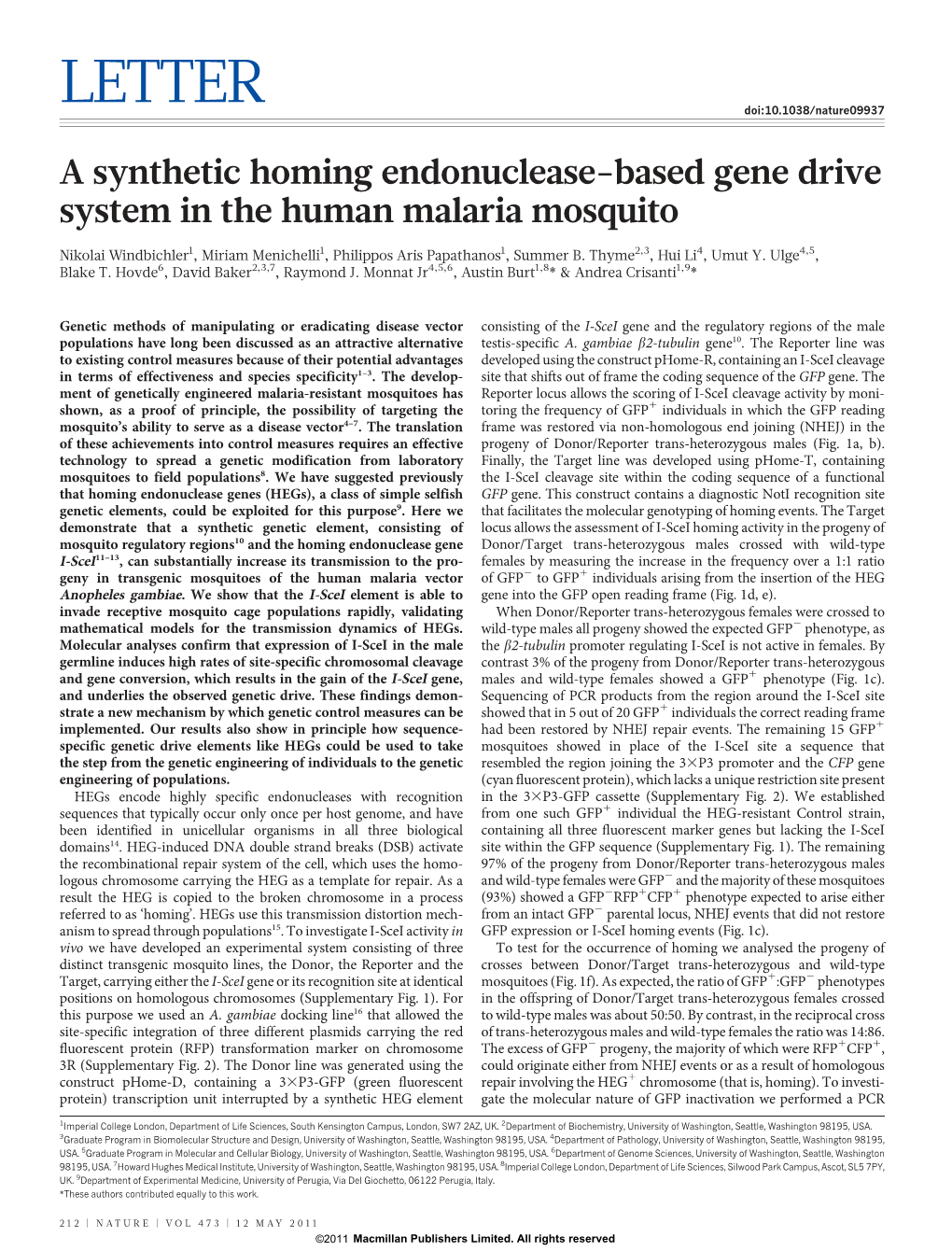 A Synthetic Homing Endonuclease-Based Gene Drive System in the Human Malaria Mosquito