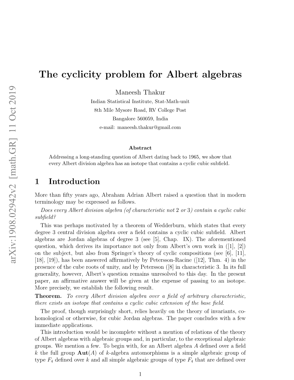 The Cyclicity Problem for Albert Algebras