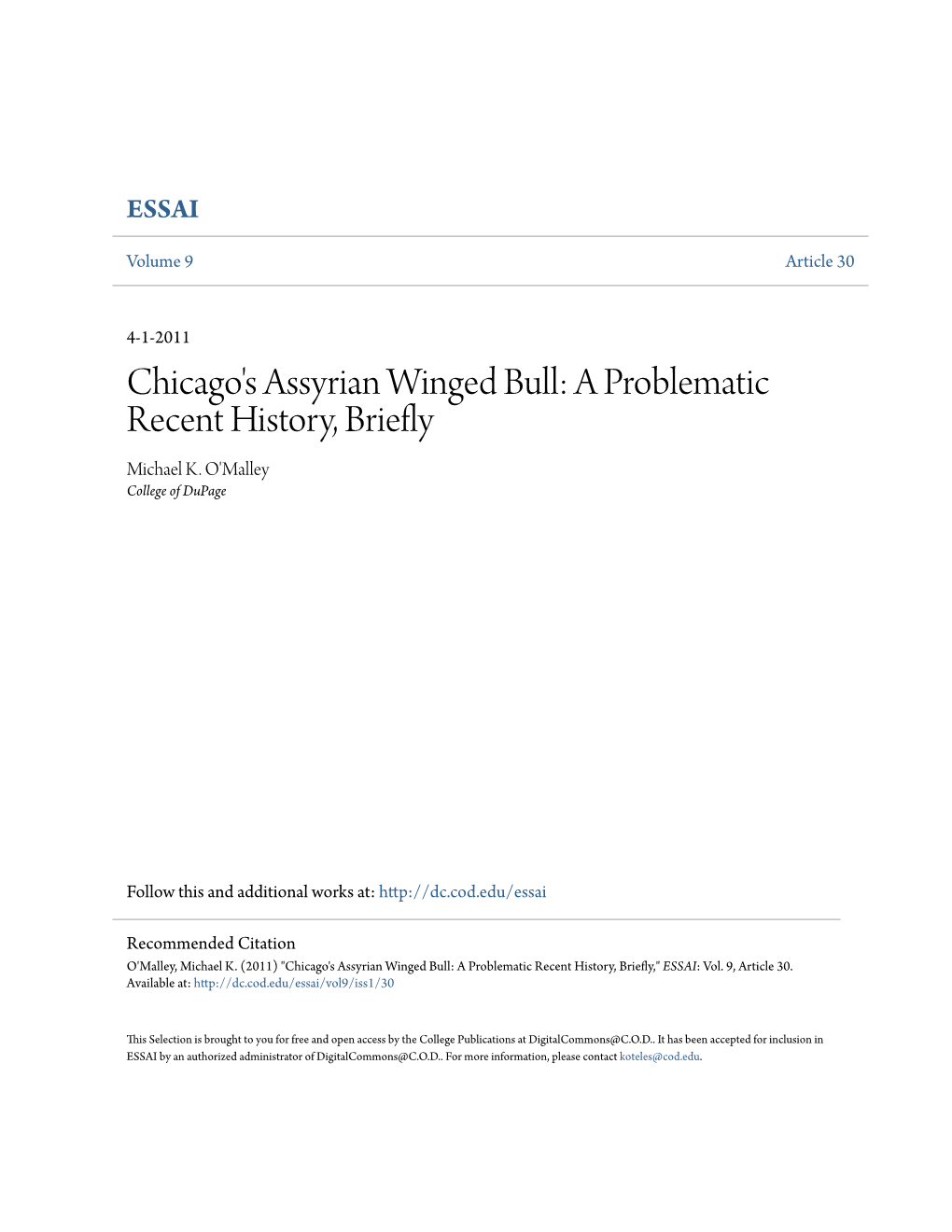 Chicago's Assyrian Winged Bull: a Problematic Recent History, Briefly Michael K