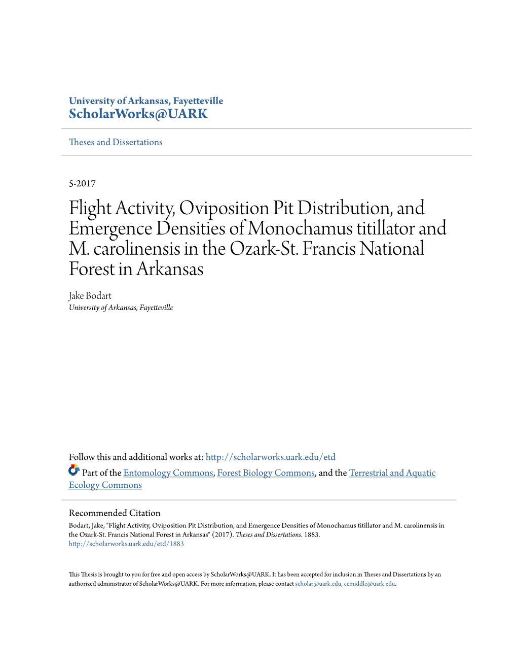 Flight Activity, Oviposition Pit Distribution, and Emergence Densities of Monochamus Titillator and M