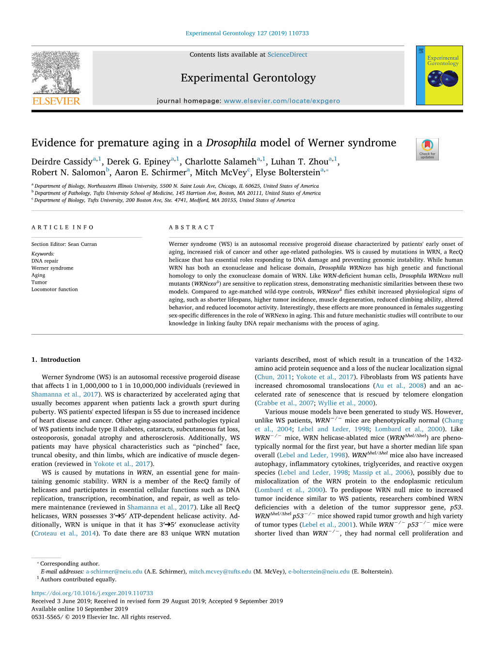 Evidence for Premature Aging in a Drosophila Model of Werner Syndrome T Deirdre Cassidya,1, Derek G