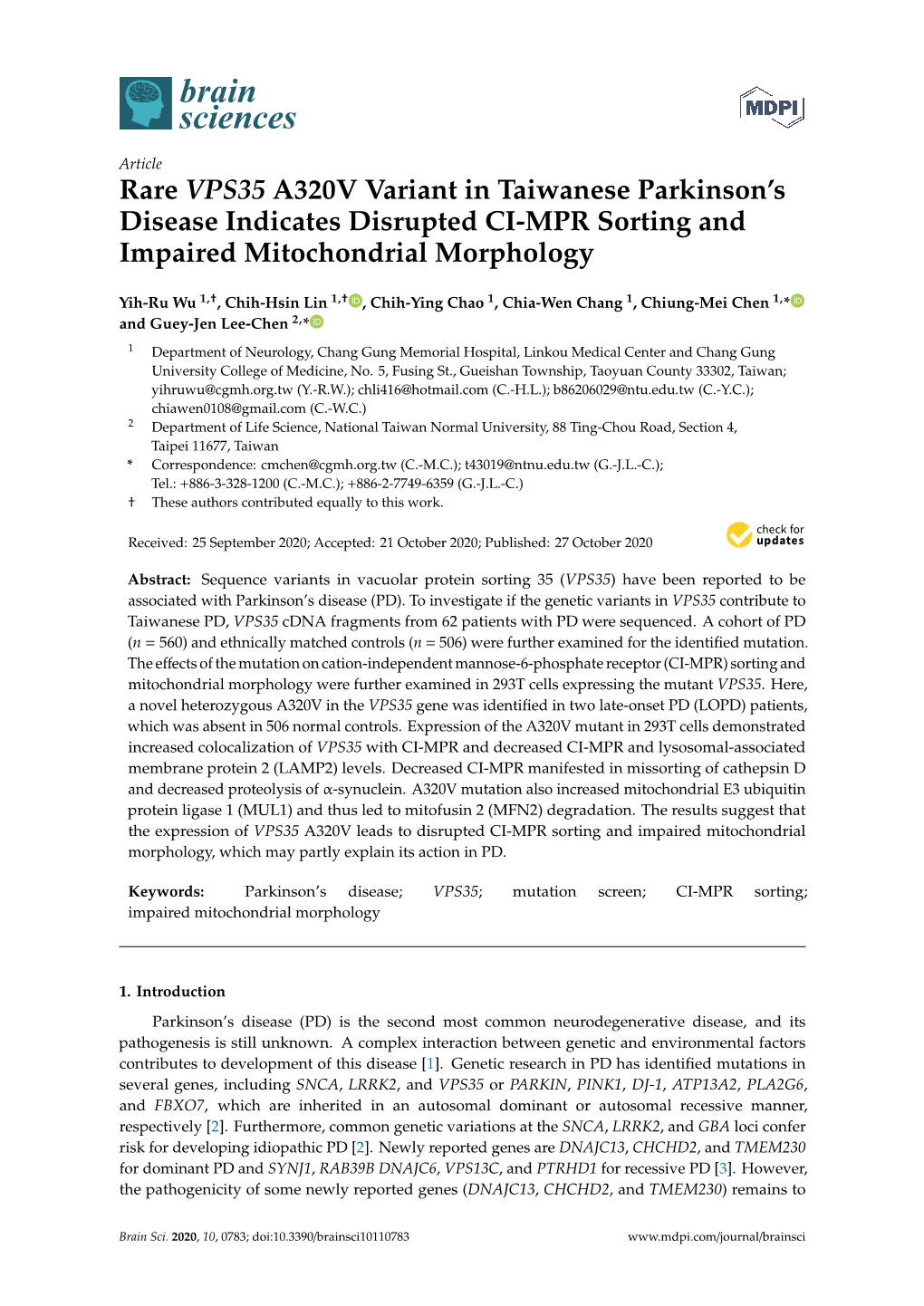 Rare VPS35 A320V Variant in Taiwanese Parkinson's Disease Indicates Disrupted CI-MPR Sorting and Impaired Mitochondrial Morpho