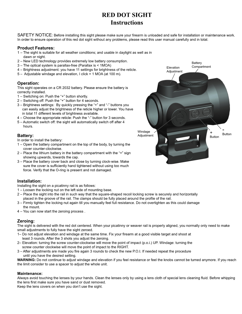 RED DOT SIGHT Instructions