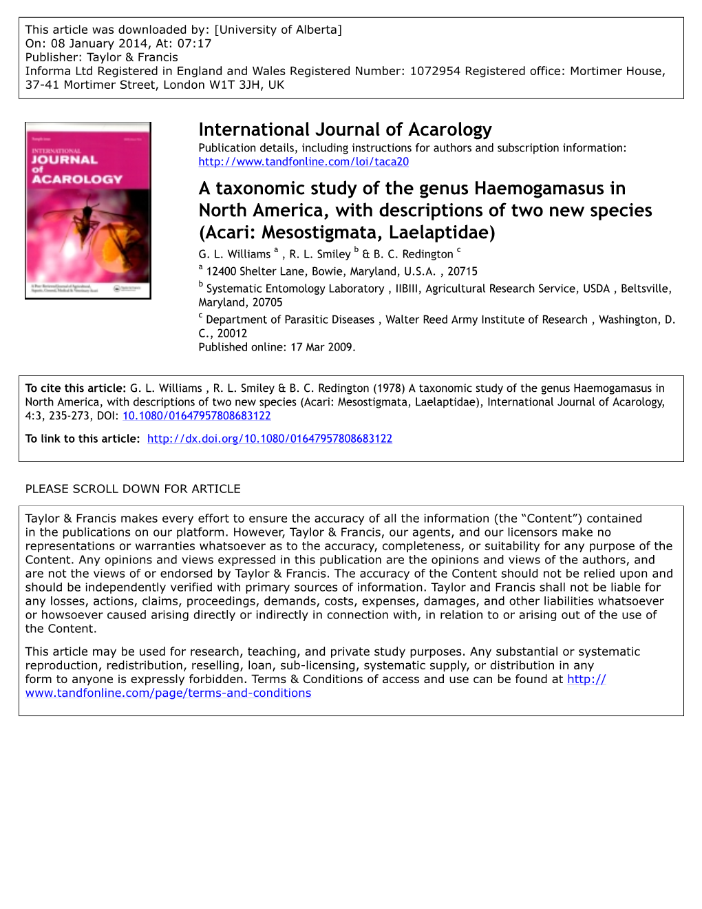 International Journal of Acarology a Taxonomic Study of the Genus