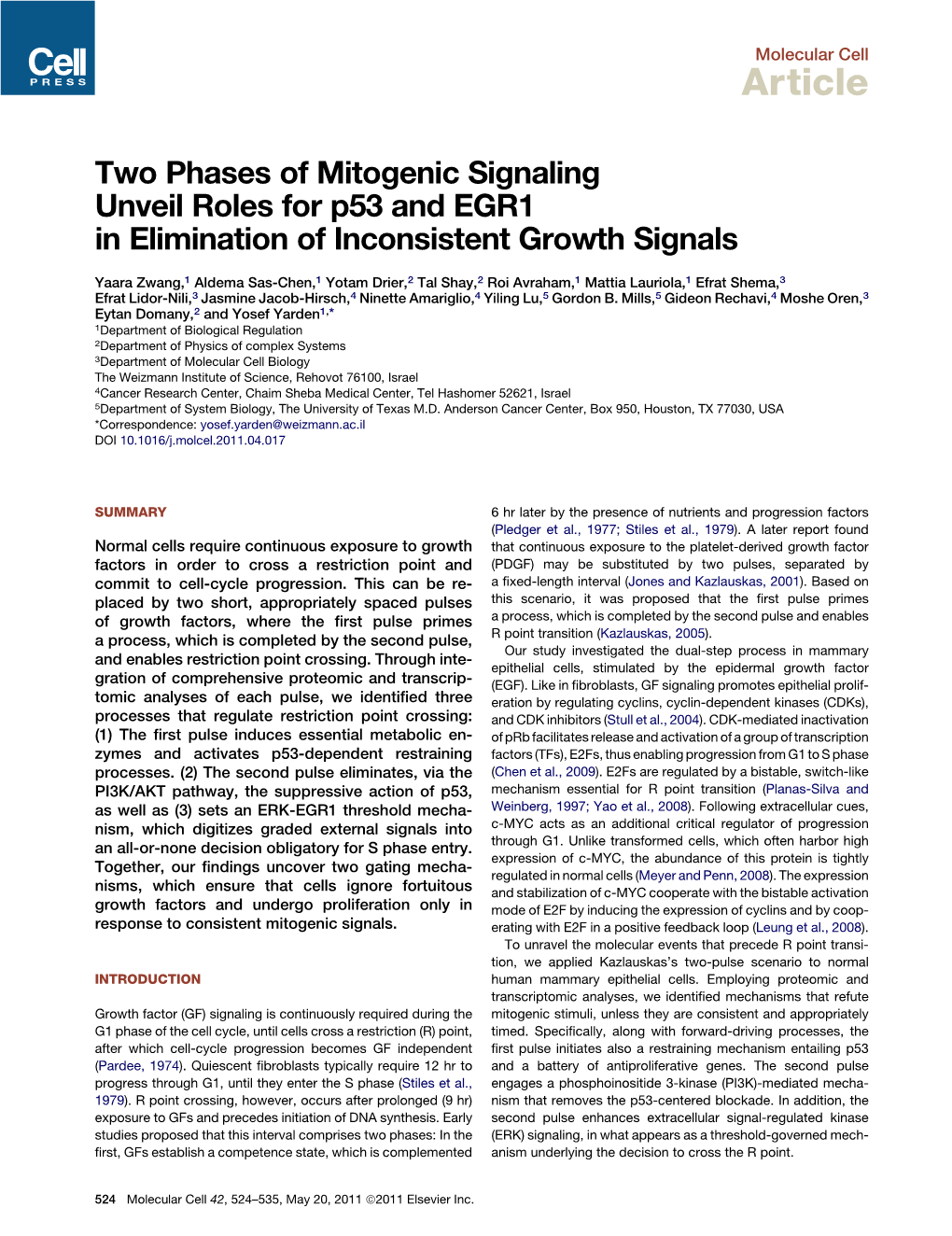 Two Phases of Mitogenic Signaling Unveil Roles for P53 and EGR1 in Elimination of Inconsistent Growth Signals