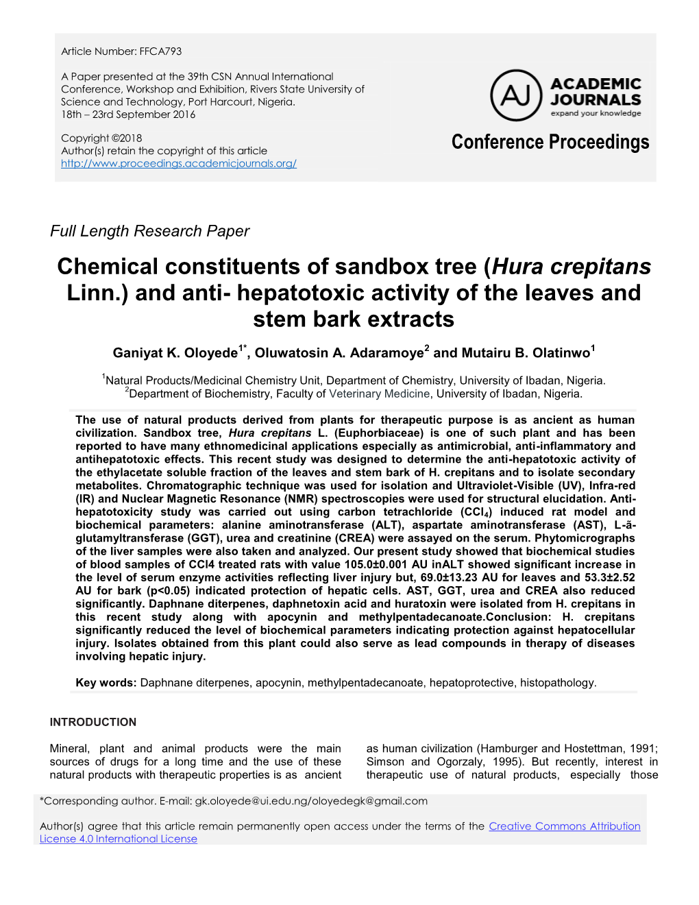 Chemical Constituents of Sandbox Tree (Hura Crepitans Linn.) and Anti- Hepatotoxic Activity of the Leaves and Stem Bark Extracts