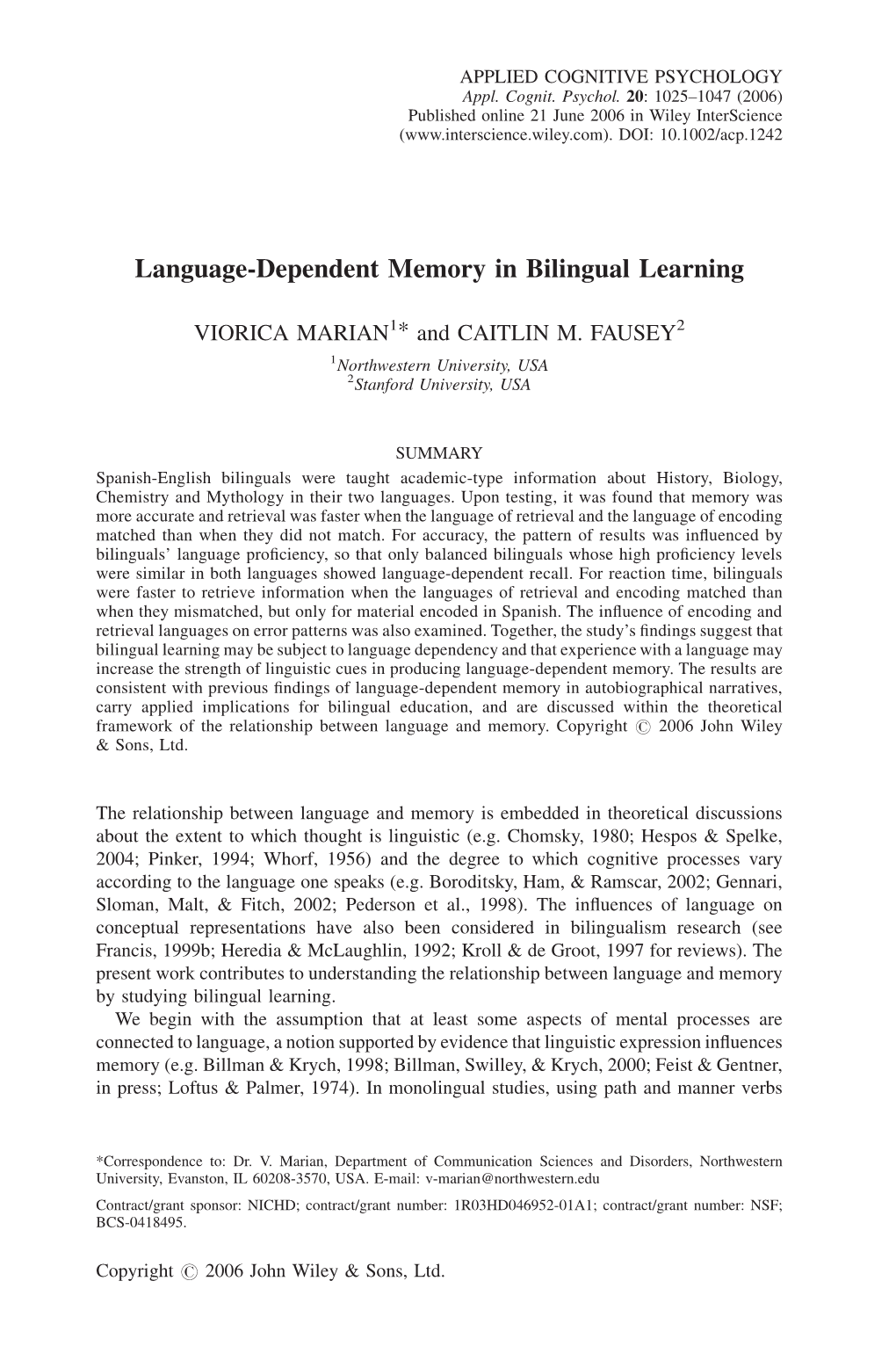 Language-Dependent Memory in Bilingual Learning