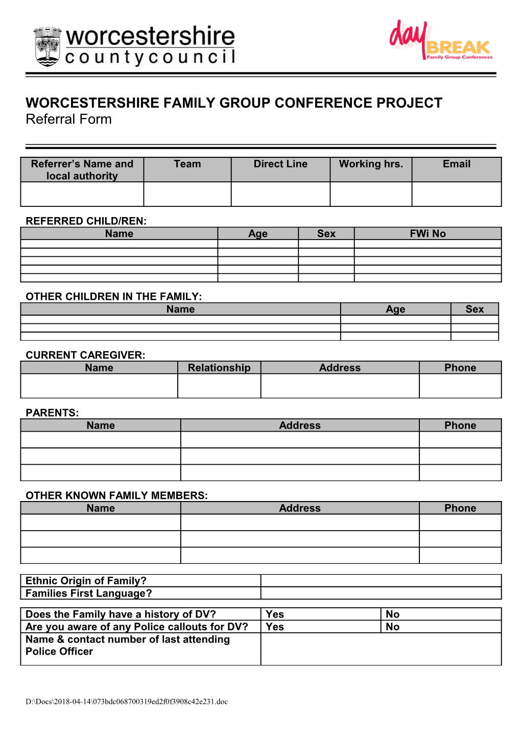 Family Group Conferences - Worcestershire Referral Form July 2012 (2)