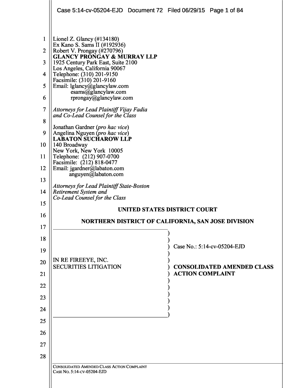 In Re Fireeye, Inc. Securities Litigation 14-CV-05204-Consolidated