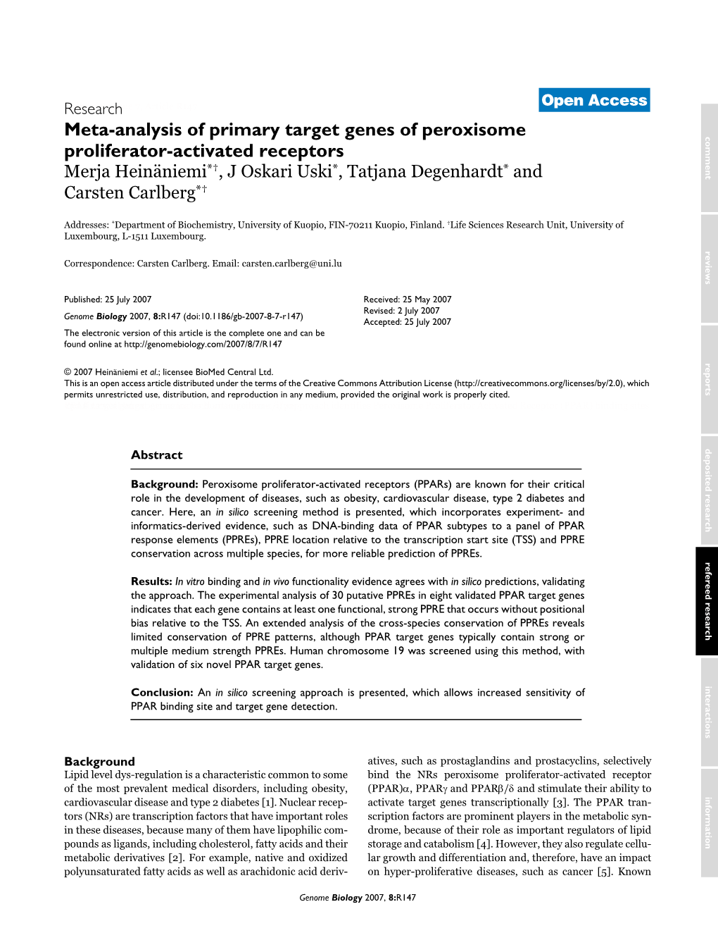 Meta-Analysis of Primary Target Genes of Peroxisome Proliferator-Activated