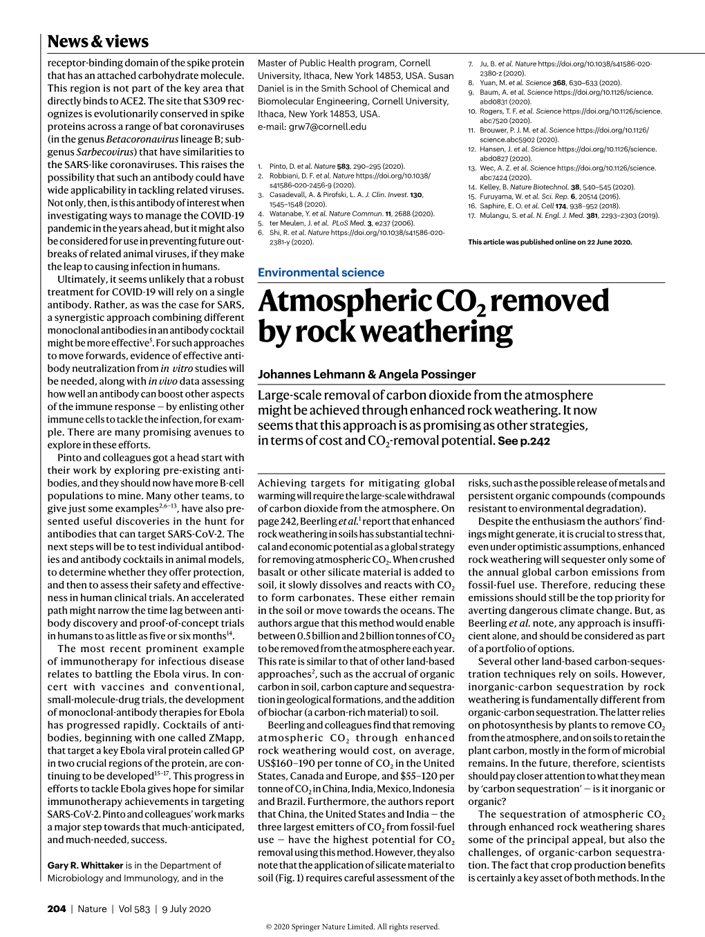 Atmospheric CO2 Removed by Rock Weathering