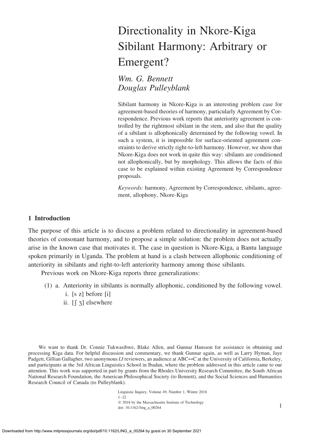 Directionality in Nkore-Kiga Sibilant Harmony: Arbitrary Or Emergent? Wm