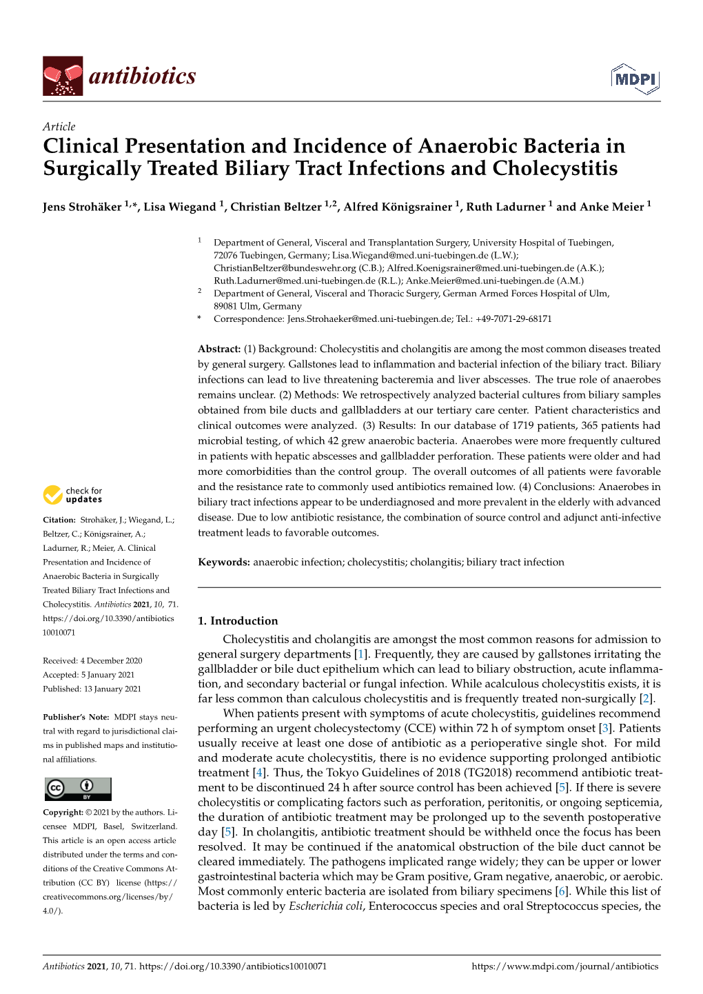 Clinical Presentation and Incidence of Anaerobic Bacteria in Surgically Treated Biliary Tract Infections and Cholecystitis