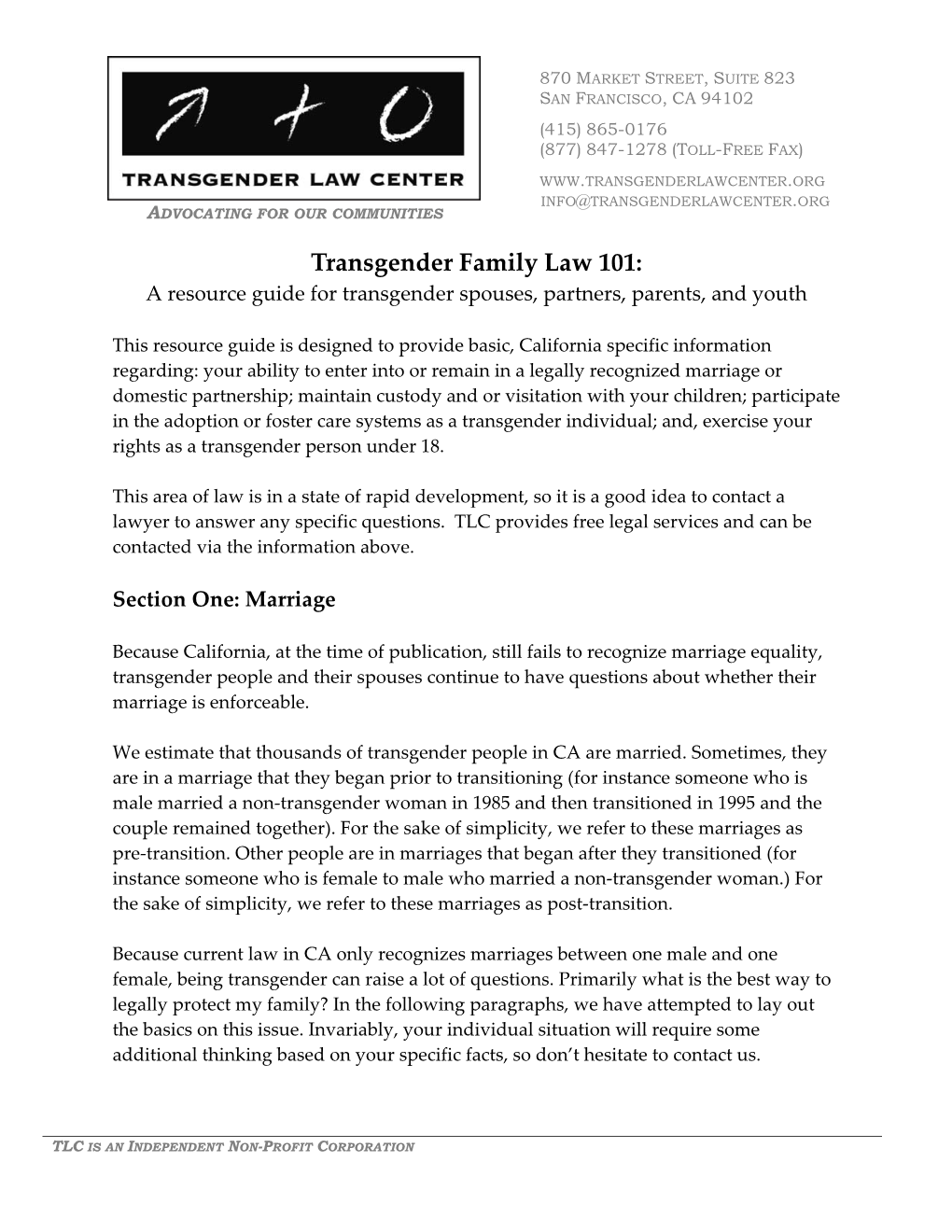 Transgender Family Law 101: a Resource Guide for Transgender Spouses, Partners, Parents, and Youth