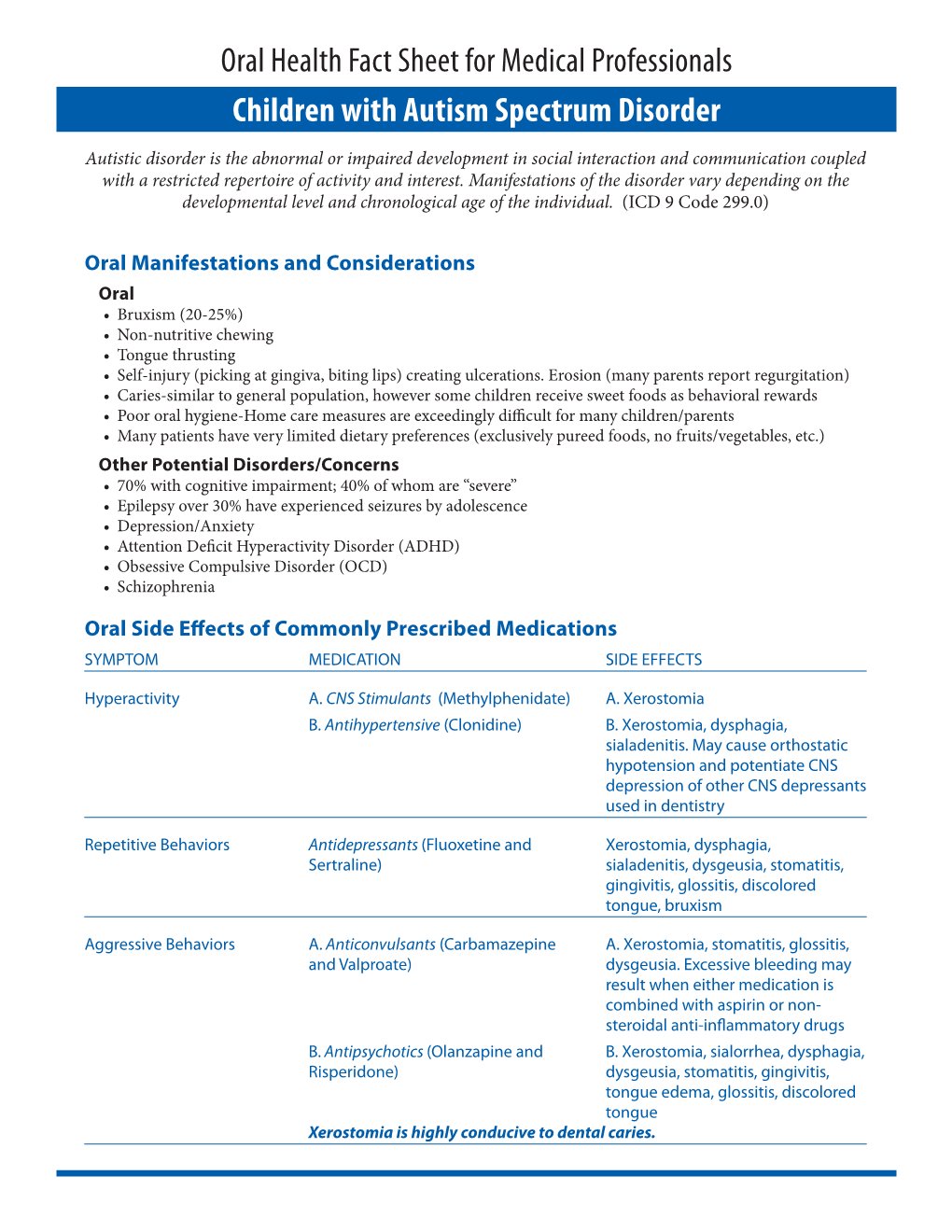 Oral Health Fact Sheet for Medical Professionals: Children with Autism