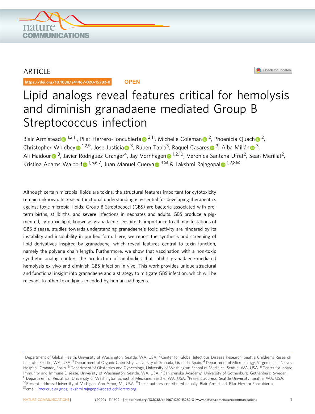 Lipid Analogs Reveal Features Critical for Hemolysis and Diminish Granadaene Mediated Group B Streptococcus Infection