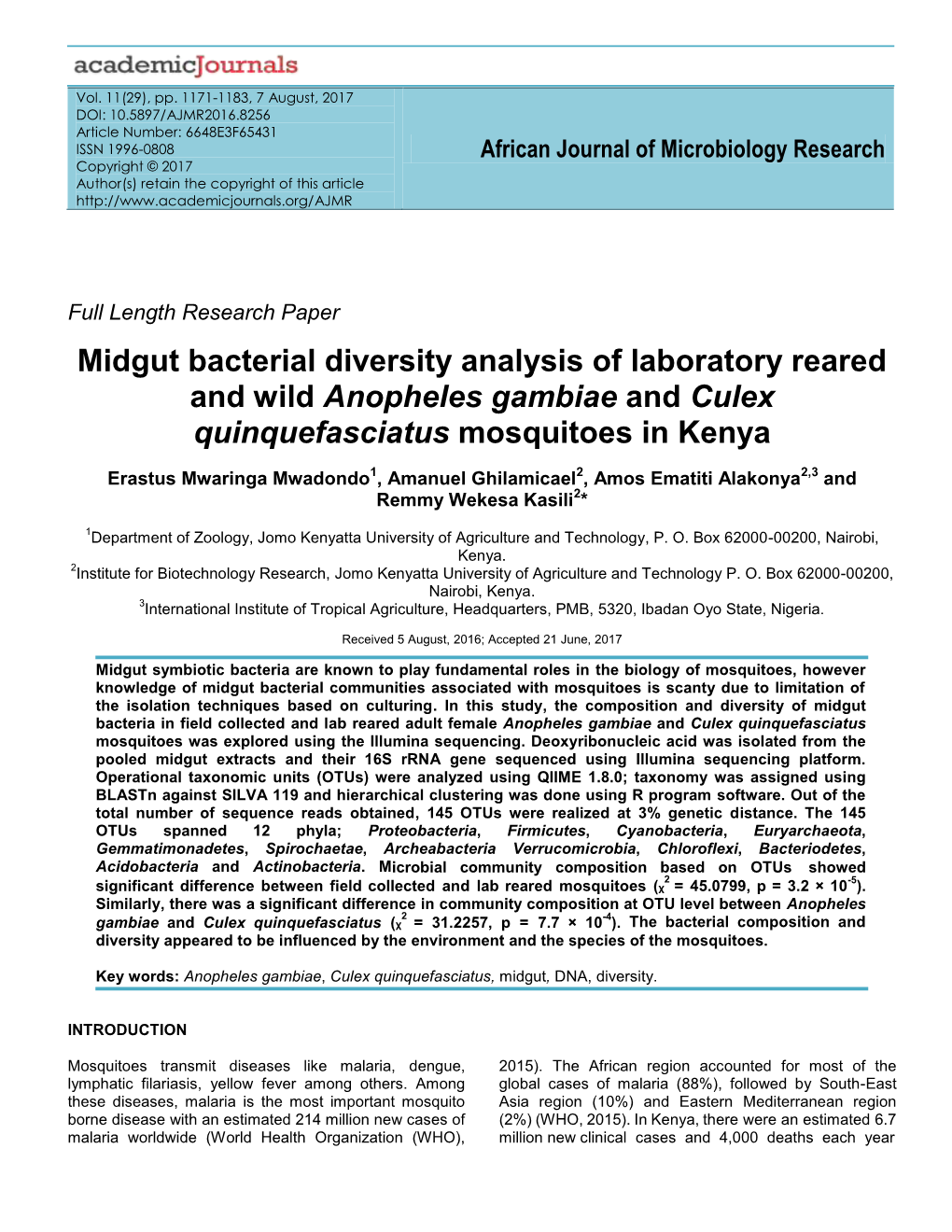 Midgut Bacterial Diversity Analysis of Laboratory Reared and Wild Anopheles Gambiae and Culex Quinquefasciatus Mosquitoes in Kenya