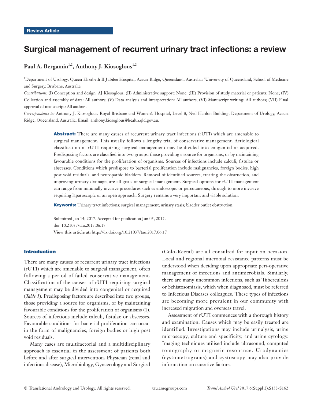 Surgical Management of Recurrent Urinary Tract Infections: a Review