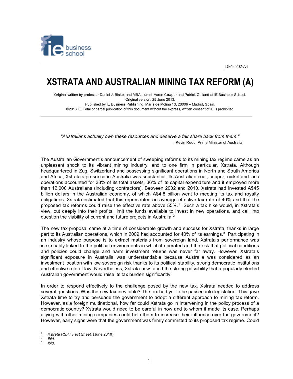 Xstrata and Australian Mining Tax Reform (A)