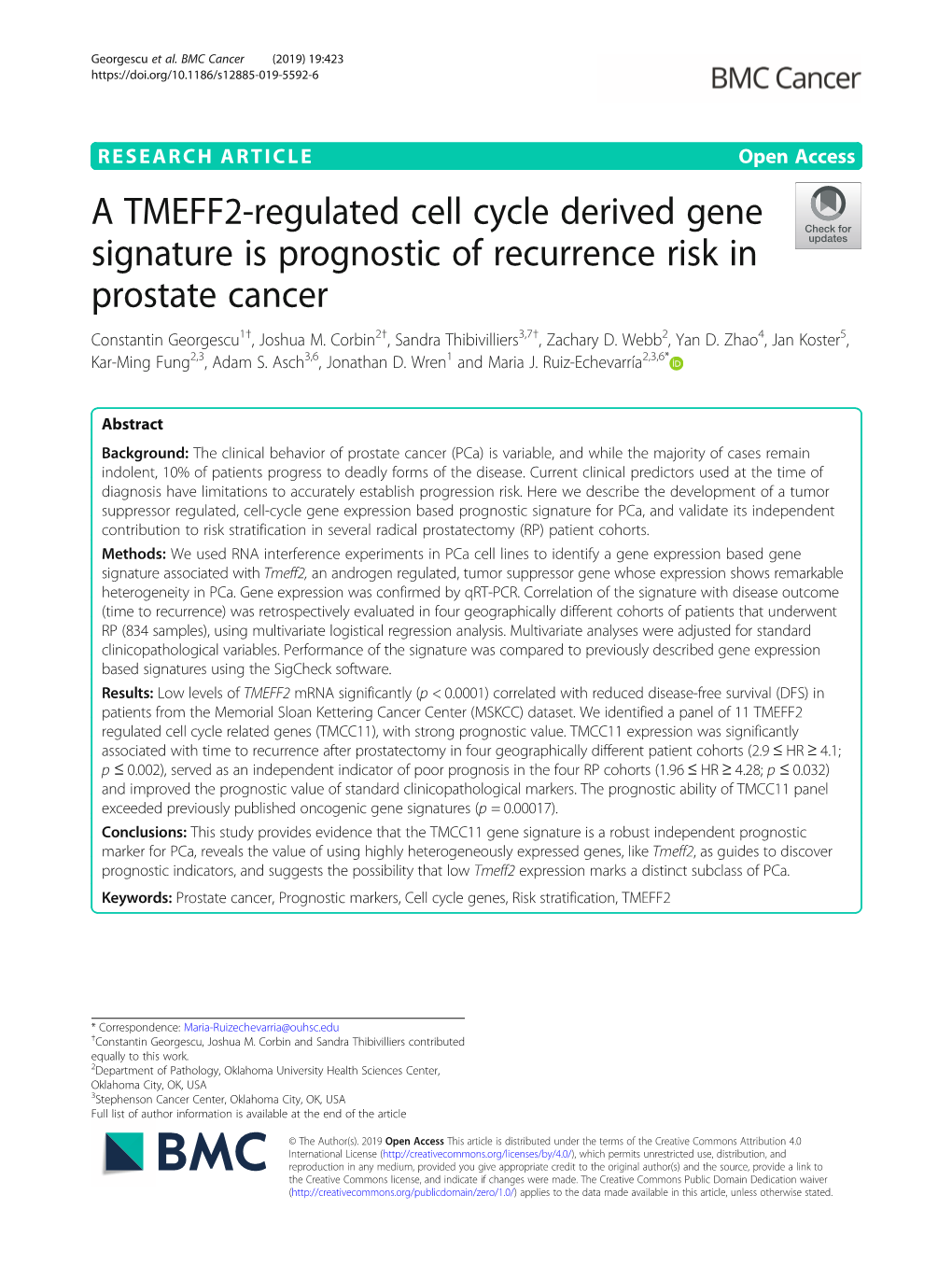 A TMEFF2-Regulated Cell Cycle Derived Gene Signature Is Prognostic of Recurrence Risk in Prostate Cancer Constantin Georgescu1†, Joshua M