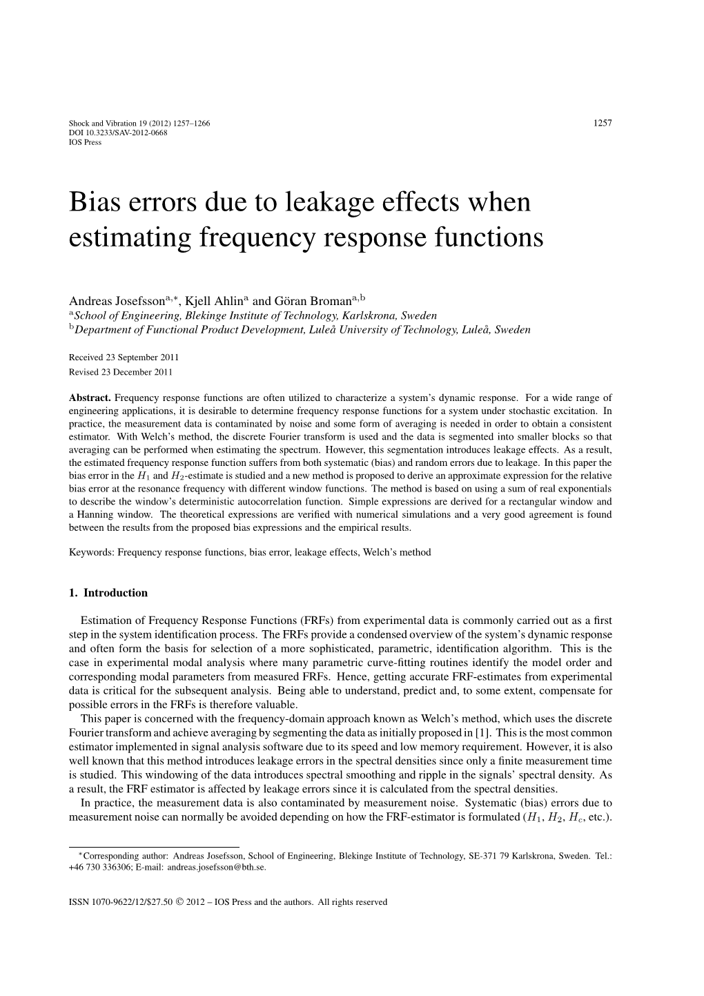 Bias Errors Due to Leakage Effects When Estimating Frequency Response Functions