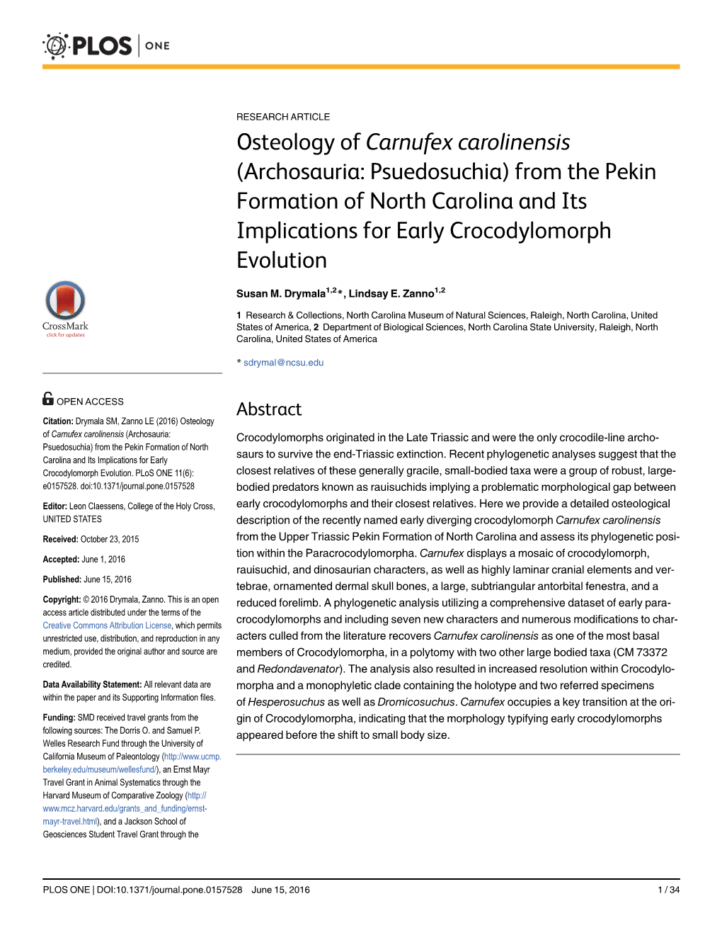 Osteology of Carnufex Carolinensis (Archosauria: Psuedosuchia) from the Pekin Formation of North Carolina and Its Implications for Early Crocodylomorph Evolution